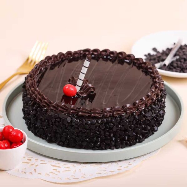 Fudge Brownie Cake full of chocolate with choco chips on sides best cake in patiala for gift