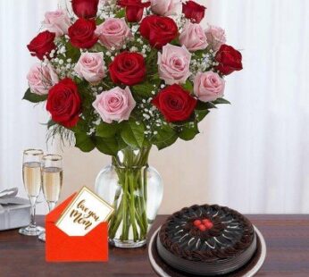 Red & Pink Roses With Chocolate Cake For Mom
