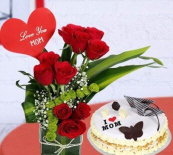 Red Rose Vase With Butterscotch Cake