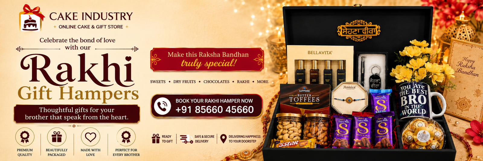 Premium Rakhi Gift Hamper with chocolates, dry fruits, perfumes, personalized mug and Rakhi for same-day Raksha Bandhan delivery across punjab.